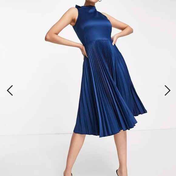 NWT Womens ASOS Closet London High Neck Navy Blue Satin Pleated Midi Dress 10 - Picture 3 of 8